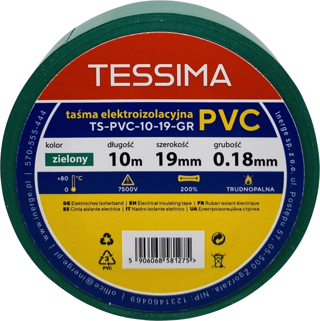 Taśma elektroizolacyjna 10m 19mm 0.18mm zielona TESSIMA