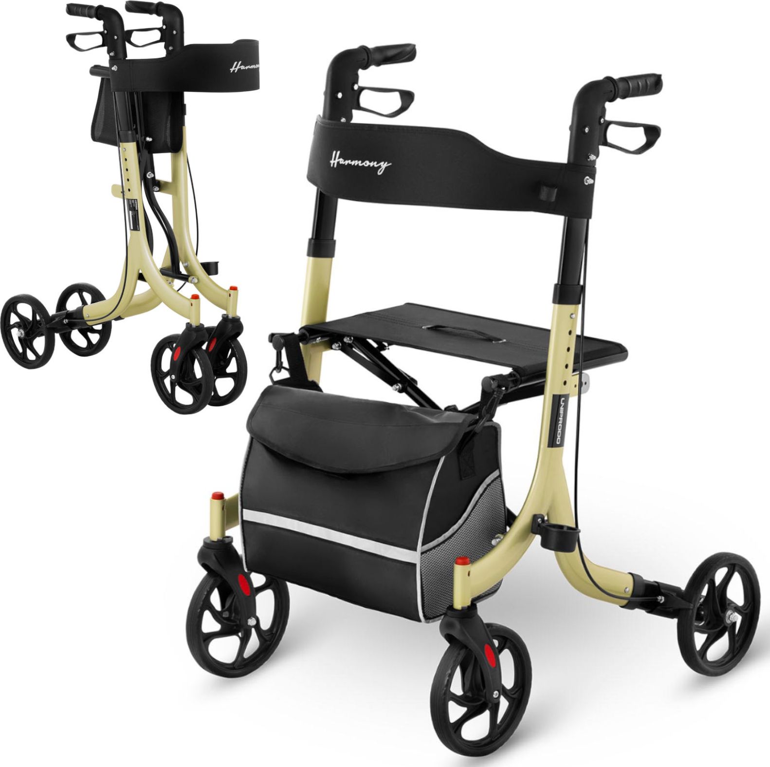 Uniprodo Balkonik chodzik podpórka dla seniora z siedziskiem i torbą na zakupy do 136kg - złoty Balkonik chodzik podpórka dla seniora z siedziskiem i