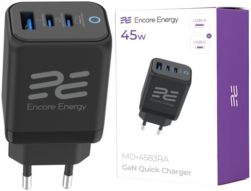 ładowarka sieciowa GaN 45W USB-A + 2x USB-C QC PPS PD Encore Energy MD-4583RA