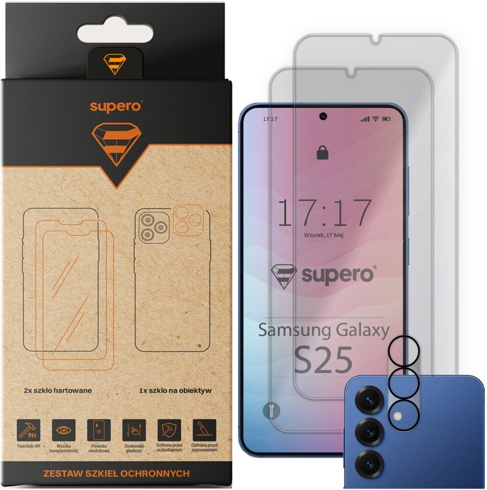 SUPERO Szkło hartowane do Samsung Galaxy S25, 2 szt. + szkło na aparat