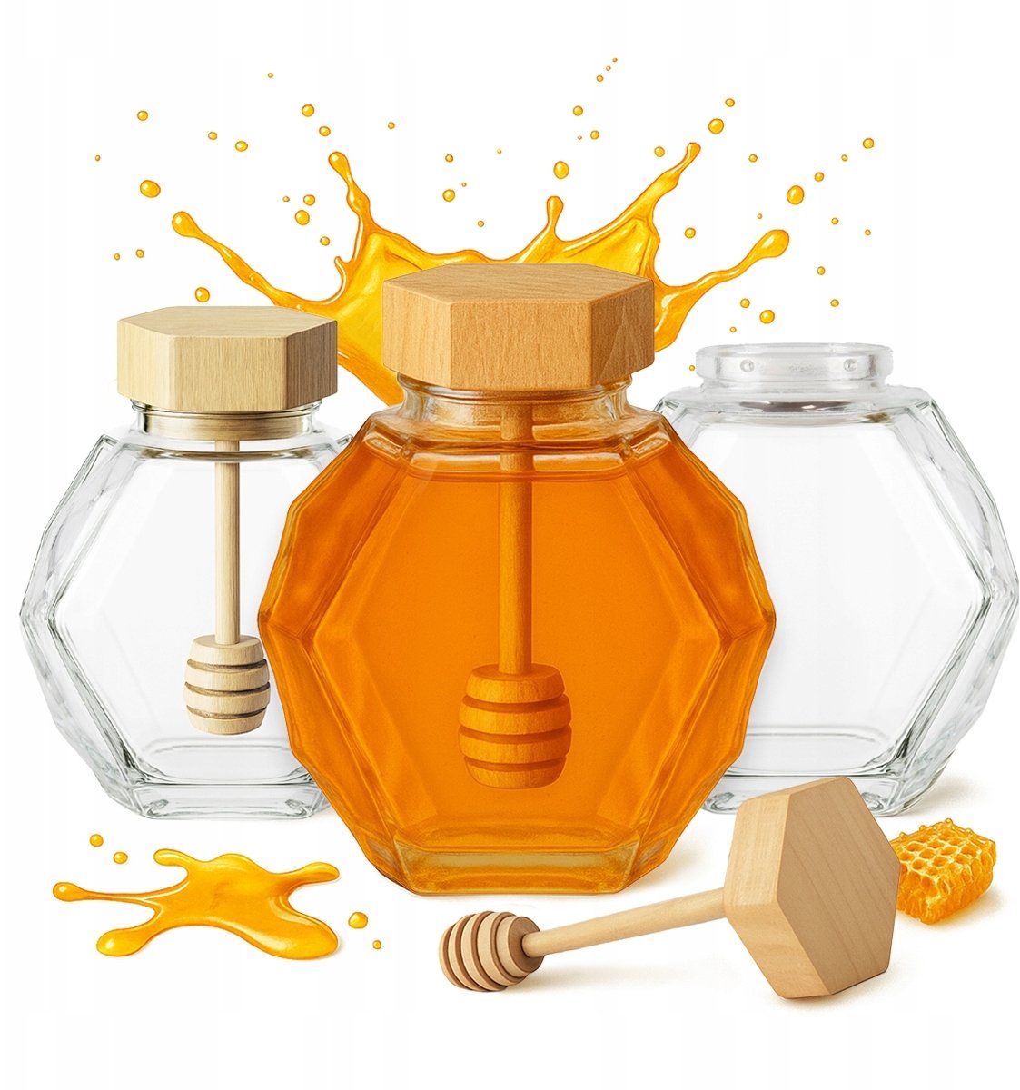 5x Słoik Szklany MAJA 380 ml na Miód z drewnianą pokrywą łyżką Heksagon