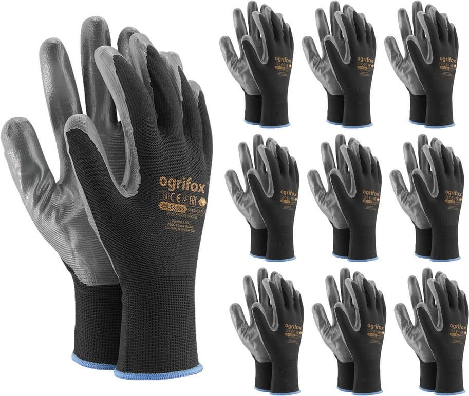 Ogrifox Rękawice robocze / Czarne / OX-NITRICAR_BS - 10 Par (10 - XL)