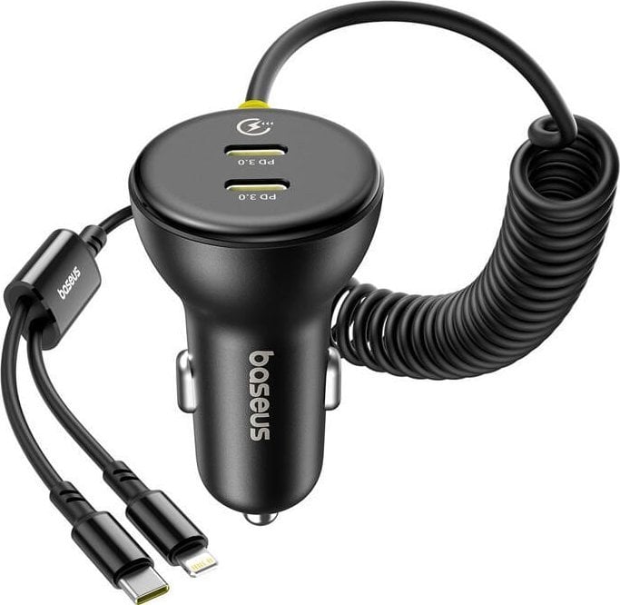 Ładowarka Baseus Ładowarka samochodowa 60W 2xUSB-C + wbudowany kabel USB-C, Lightning (Czarna)