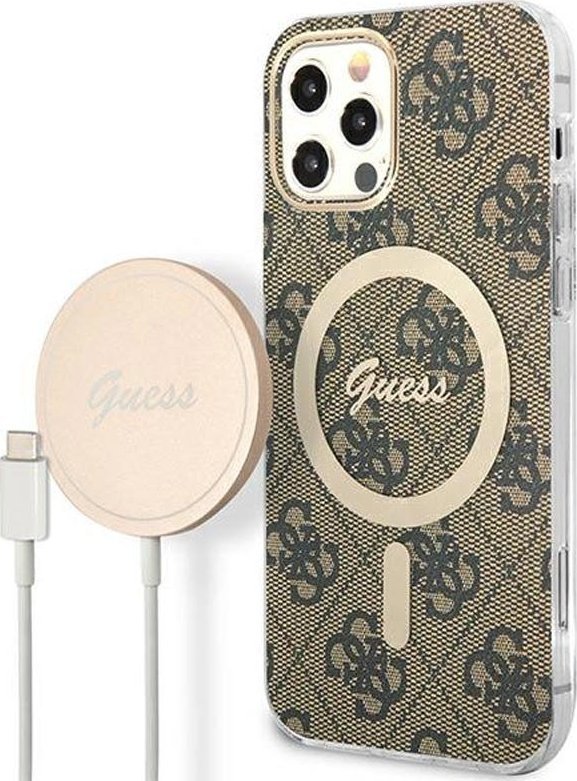 Guess Guess Bundle Pack MagSafe 4G - Zestaw etui + ładowarka MagSafe iPhone 12 / iPhone 12 Pro (brązowy/złoty)