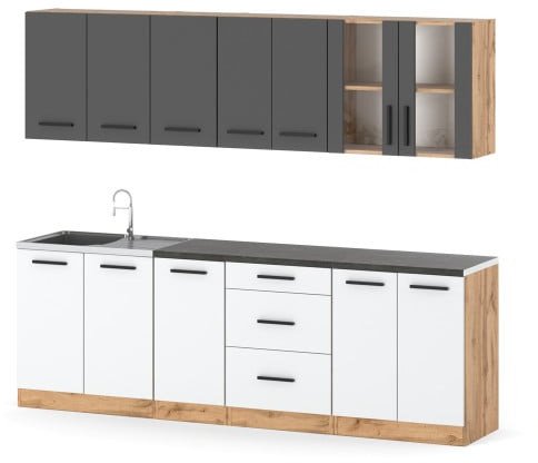 Kuchnia Modułowa Nowoczesna Z Blatem Pojemna Duża 2.6m Wotan Szary Biały