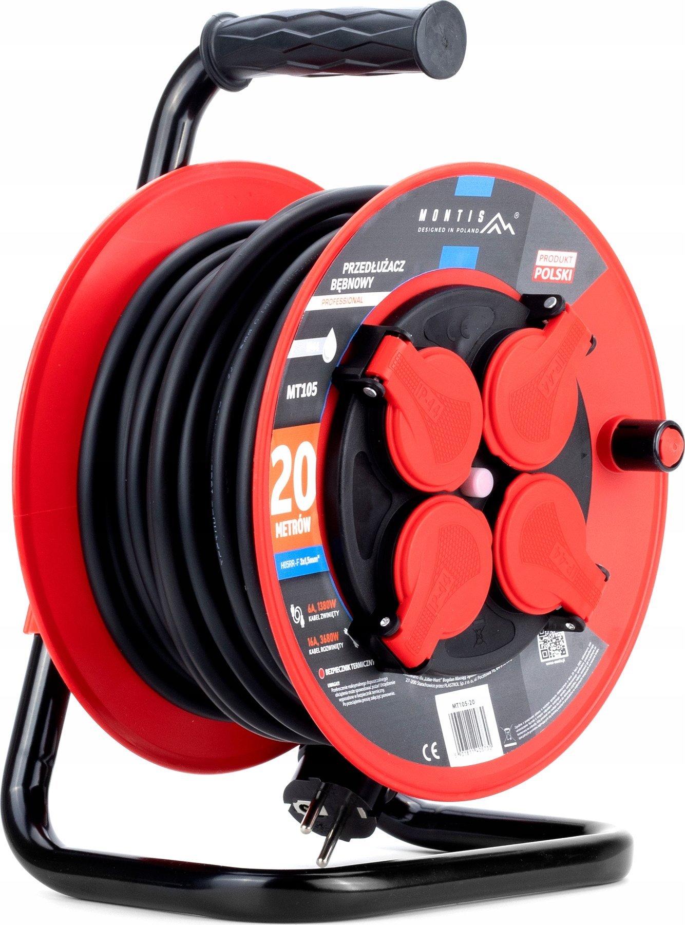 Montis Przedłużacz bębnowy PROFESSIONAL MT105-20 4x2p+Z IP44 16A 3680W 3x1,5 20m Montis czarny