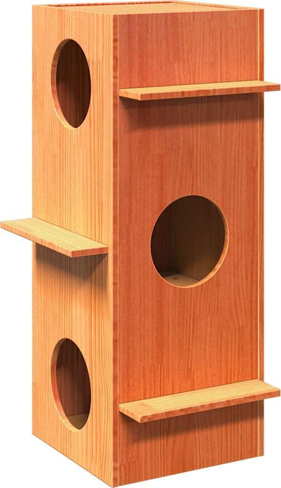 Domek dla kota, woskowy brąz, 43x43x90 cm, lite drewno sosnowe