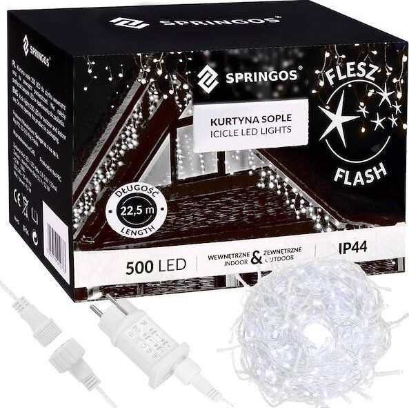 Springos Kurtyna świetlna 500 led girlanda, lampki wewnętrzno-zewnętrzne sople biały zimny + flash UNIWERSALNY