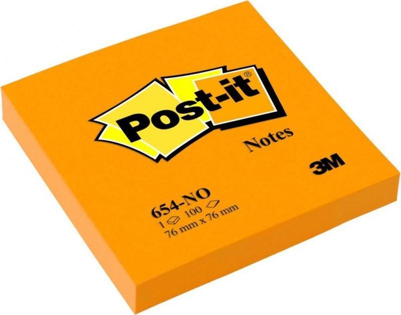 Post-It 3M Bloczek samoprzylepny POST-IT_ (654N), 76x76mm, 1x100 kart., jaskrawy pomarańczowy