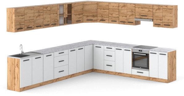 Kuchnia Narożna Duża 6.8m Modułowa Nowoczesna Wotan Dąb Wotan Biała Mat