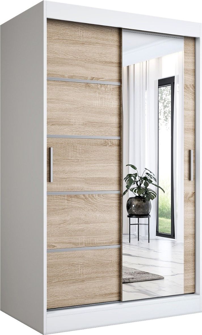 MKPOL Szafa przesuwna MODUO COMFORT 2 120 biała mat/dąb sonoma z lustrem