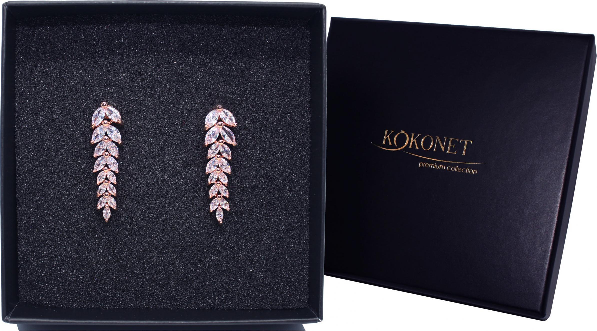 KOKONET KOLCZYKI slubne listeczki różowe złoto cyrkonie Wesele