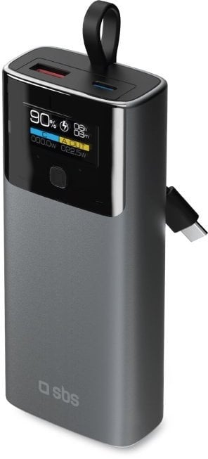 Powerbank SBS 10000mAh PD 20W z wyświetlaczem LCD i wbudowanym kablem USB-C - szary