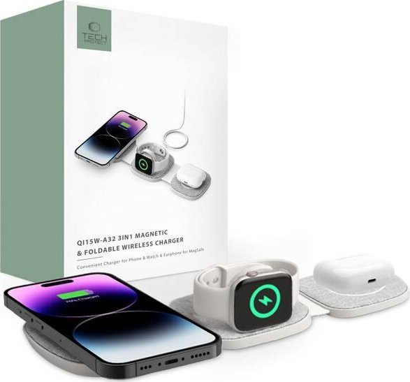 Ładowarka Tech-Protect Ładowarka bezprzewodowa Tech-Protect QI15W-A32 3in1 Magnetic Magsafe Wireless Charger Grey + kabel USB-C / USB-C 120cm