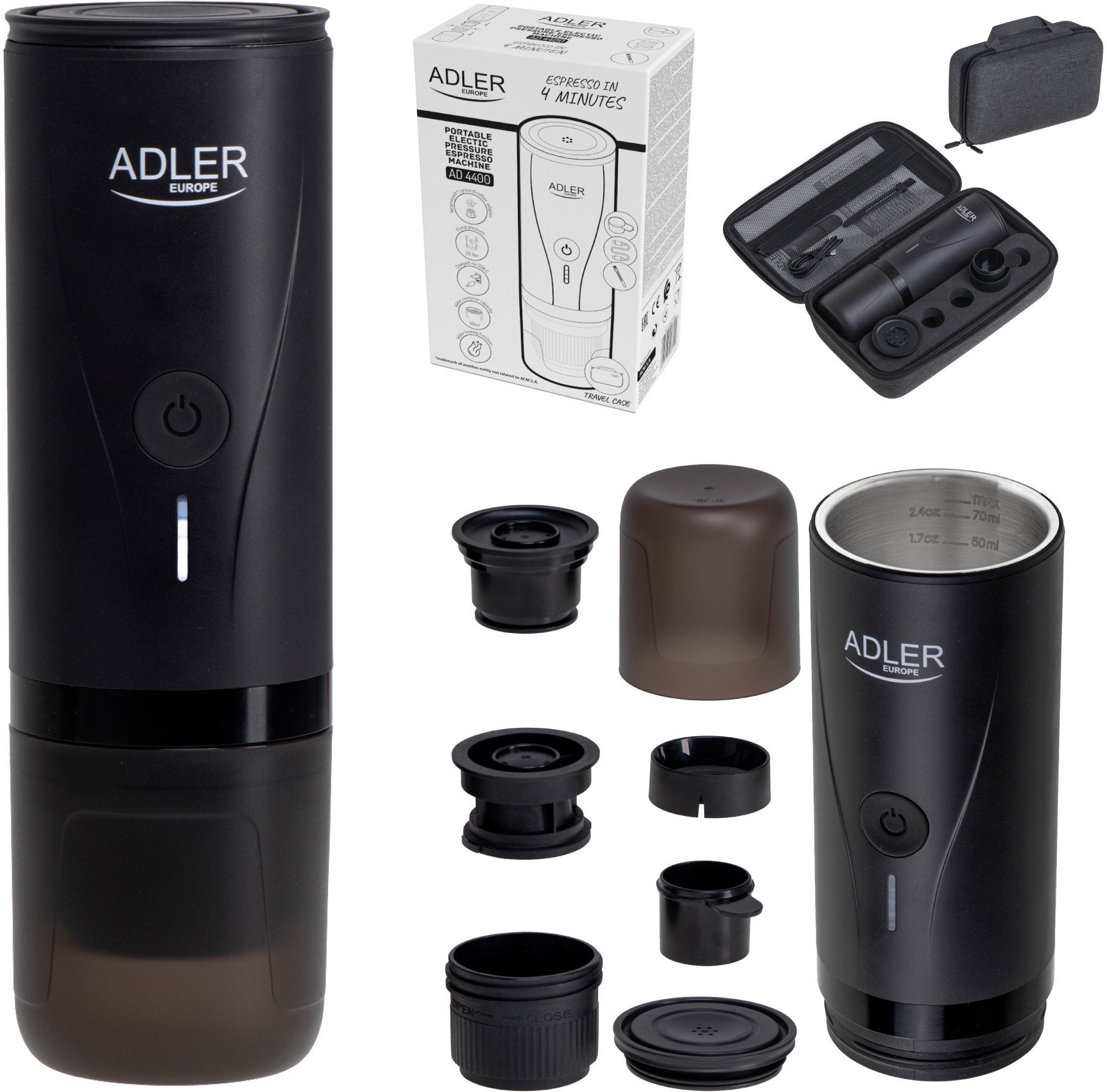 Ekspres na kapsułki Adler Przenośny elektryczny ekspres ciśnieniowy do kawy - 20 bar - USB (AD 4400)