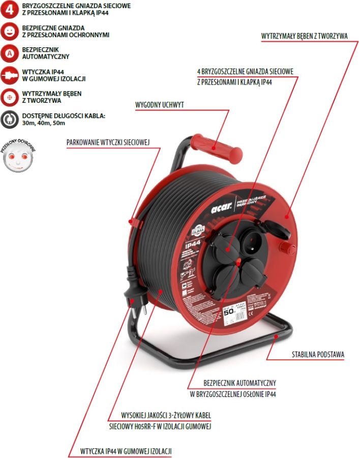 Acar Przedłużacz bębnowy Acar M01904 50m czarny