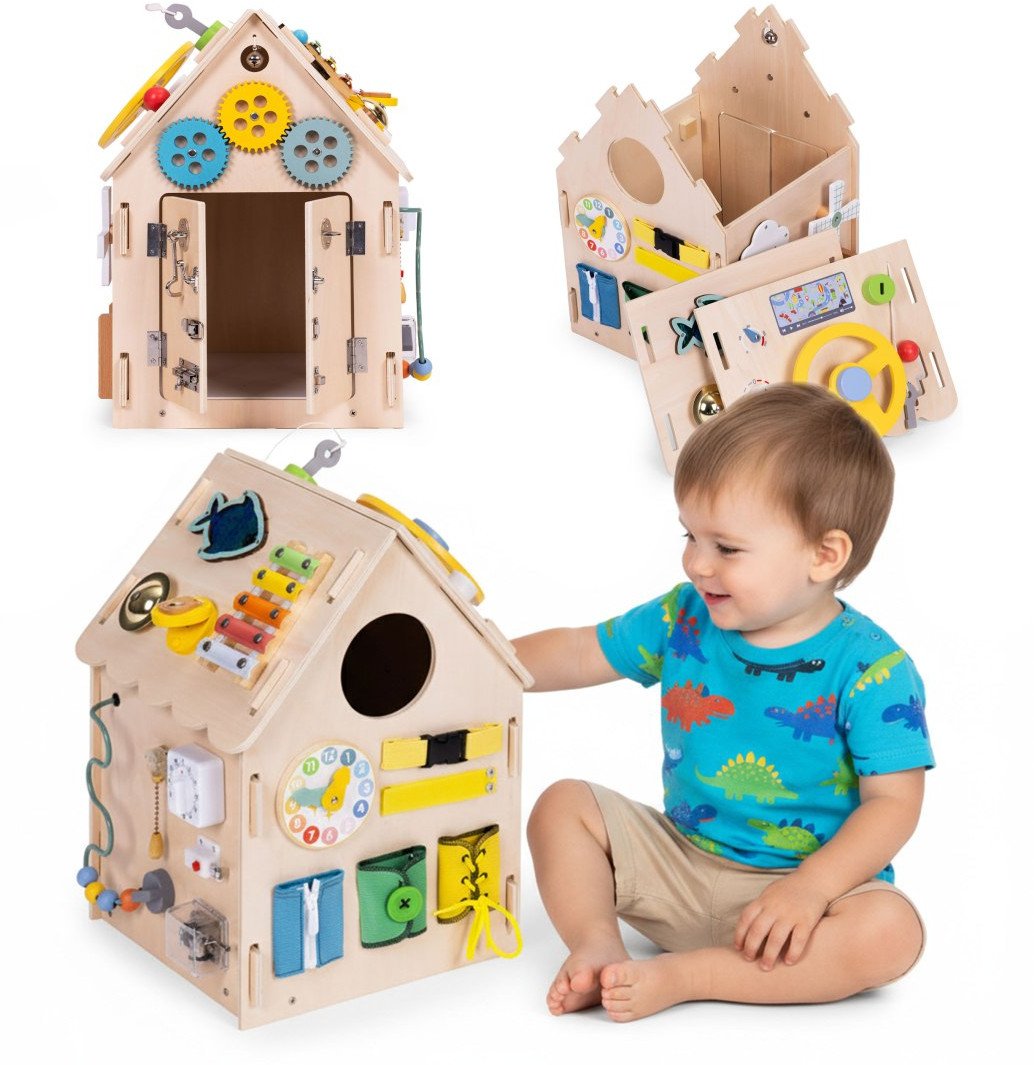 Drewniany domek manipulacyjny dla dzieci panel edukacyjny XXL 30 elementów EDUKAMP