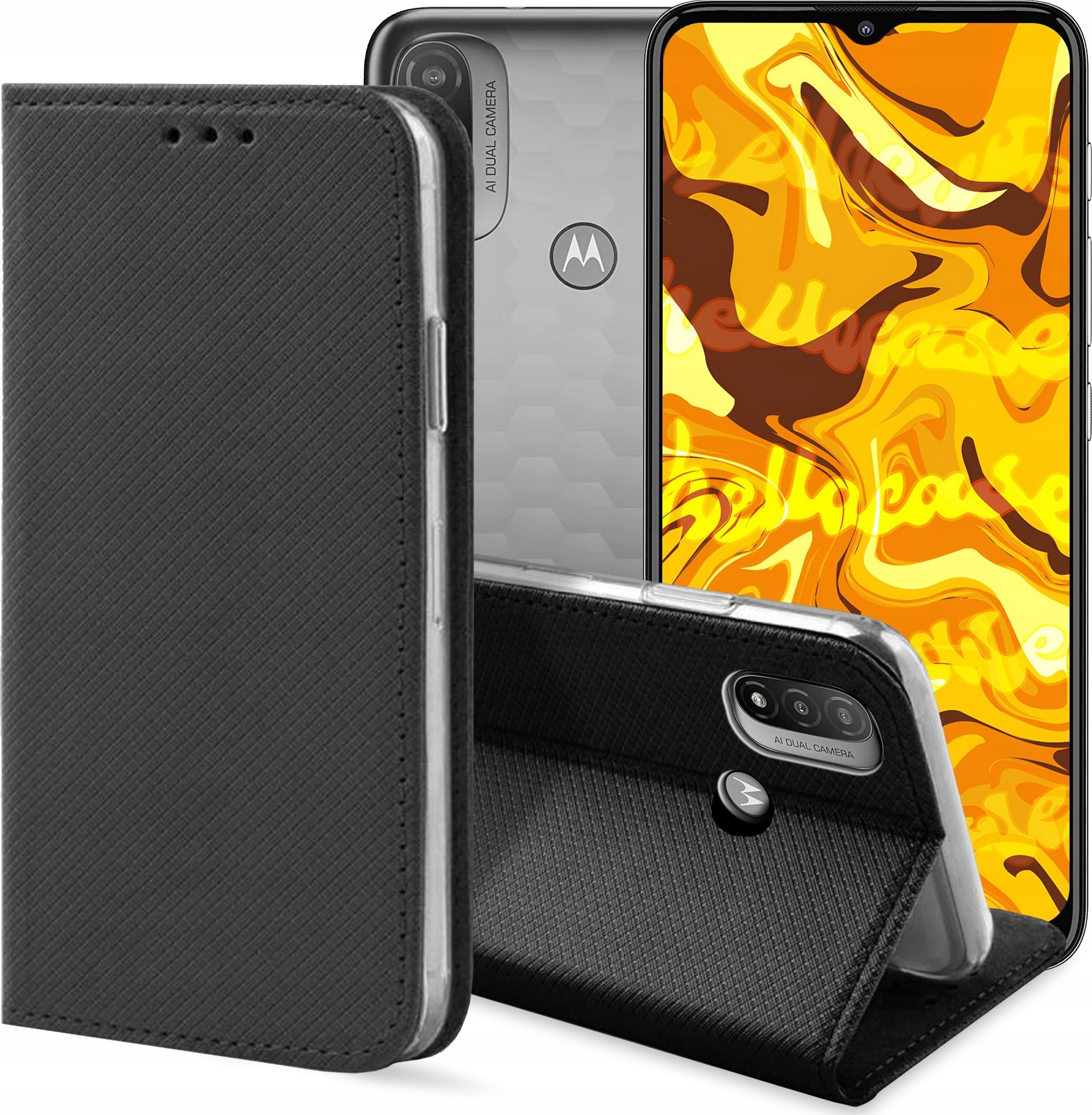 Hello Case ETUI Z KLAPKĄ DO MOTO E20 / E30 / E40 CZARNE ZAMYKANE MAGNETYCZNE KABURA