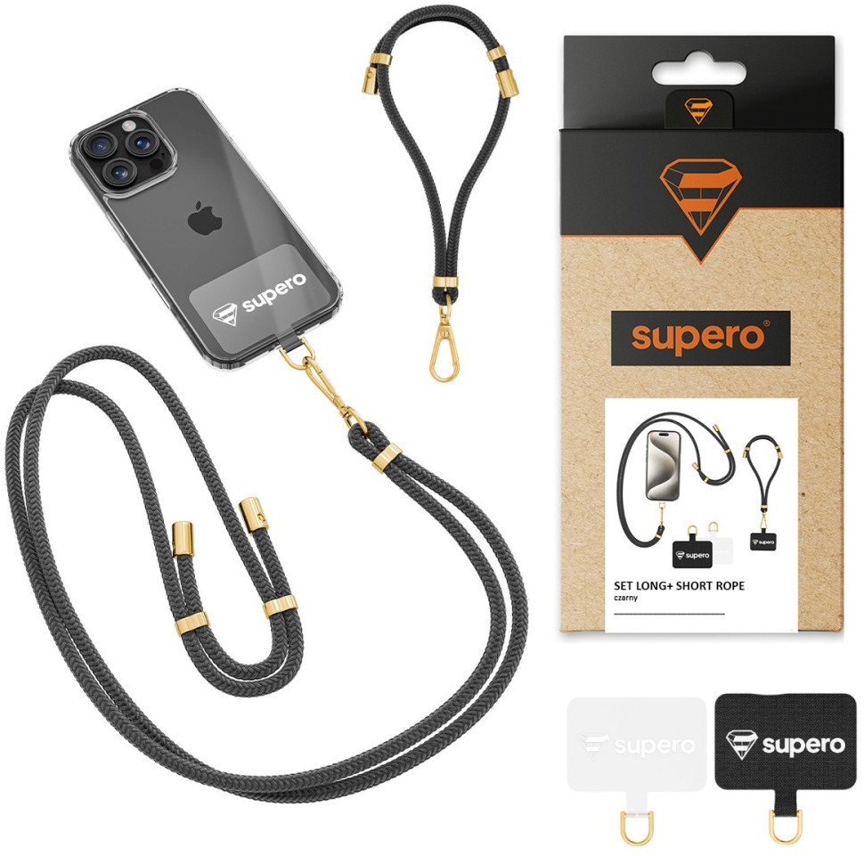 Smycz do telefonu Supero Set Long + Short Rope, czarna, 2szt.