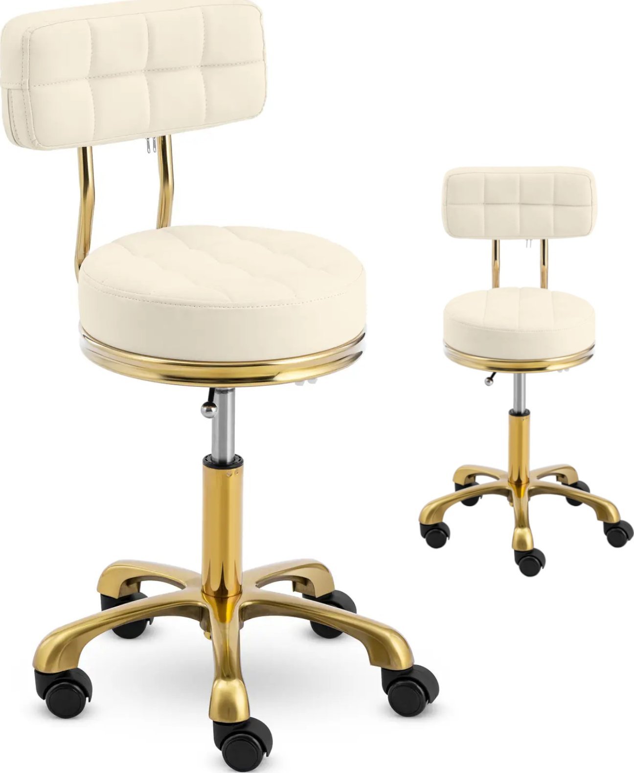 Krzesło taboret hoker kosmetyczny z oparciem na kółkach do 150 kg GELA beżowo złoty Krzesło taboret hoker kosmetyczny z oparciem na kółkach do 150 kg