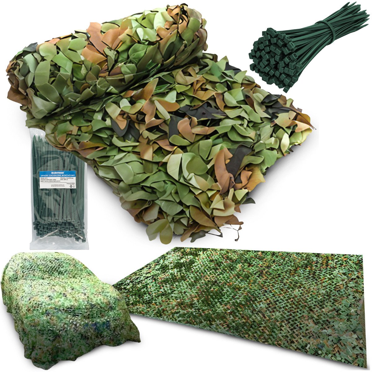 Zestaw siatka maskująca Heckermann 2x4m 150D + Opaski zaciskowe 100szt. - Zielone