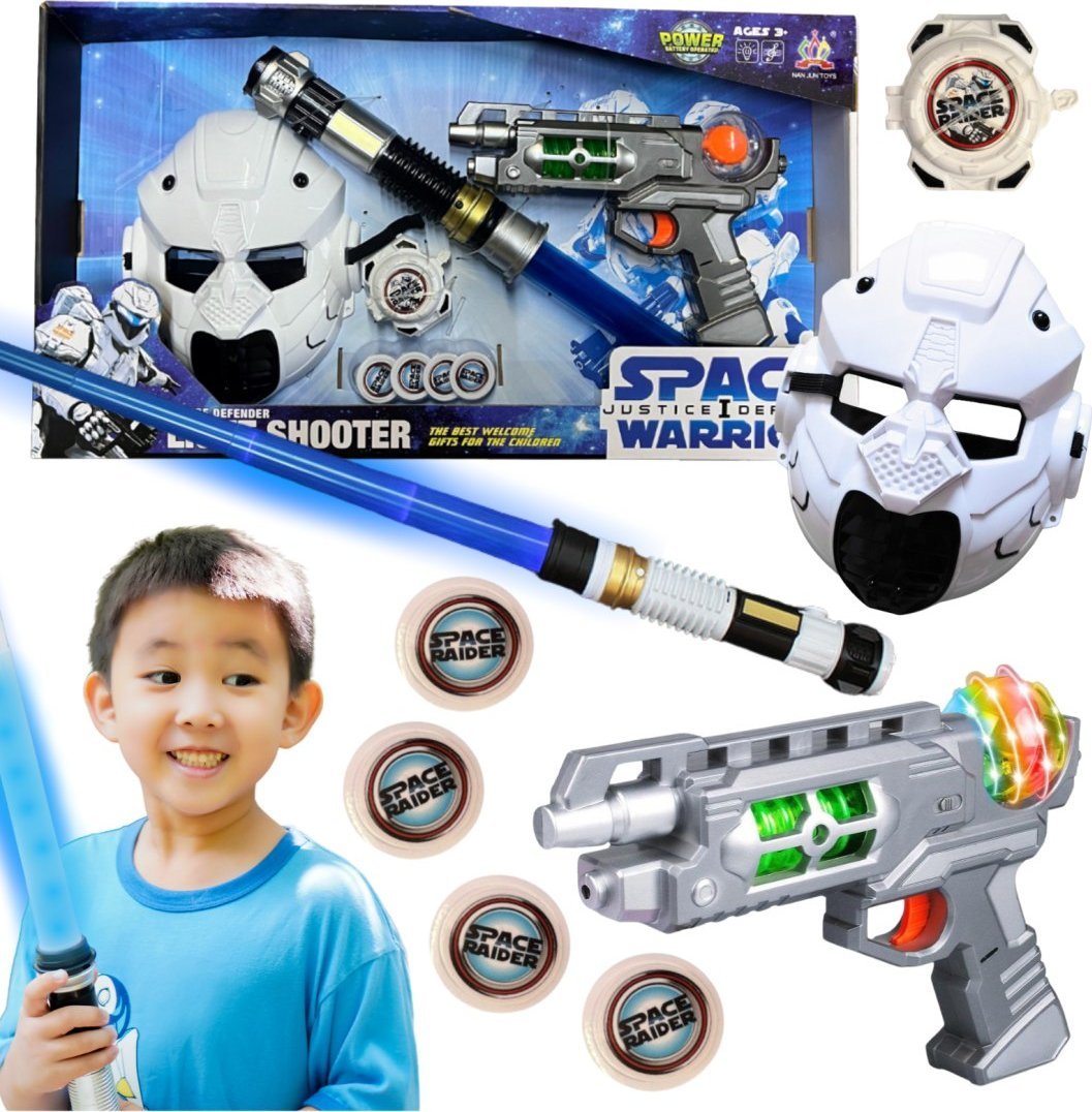 ZESTAW KOSMICZNY WOJSKOWY PISTOLET MASKA MIECZ EFEKTY ŚWIETLNE DŹWIĘKOWE