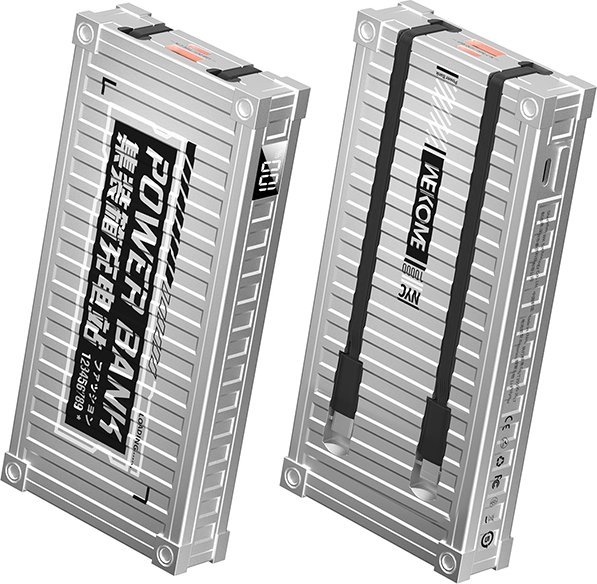 Powerbank Wekome WEKOME WP-339 Container Series - Power bank 10000 mAh Super Charging z wbudowanym kablem USB-C & Lightning PD 20W + QC 22.5W (Srebrny