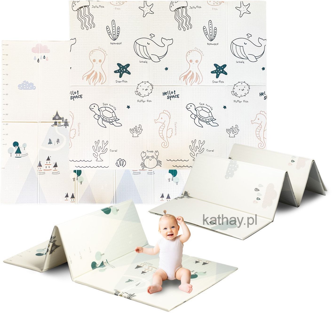 Dwustronna składana kolorowa edukacyjna piankowa mata dziecięca XXL 180x200 cm - wodny świat