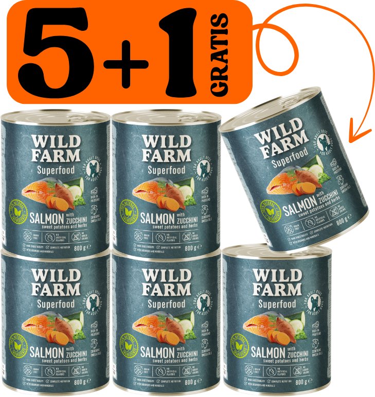 WILD FARM Superfood Salmon (Łosoś z cukinią, słodkimi ziemniakami i ziołami) 5x800g + 800g GRATIS bezzbożowa karma dla psa