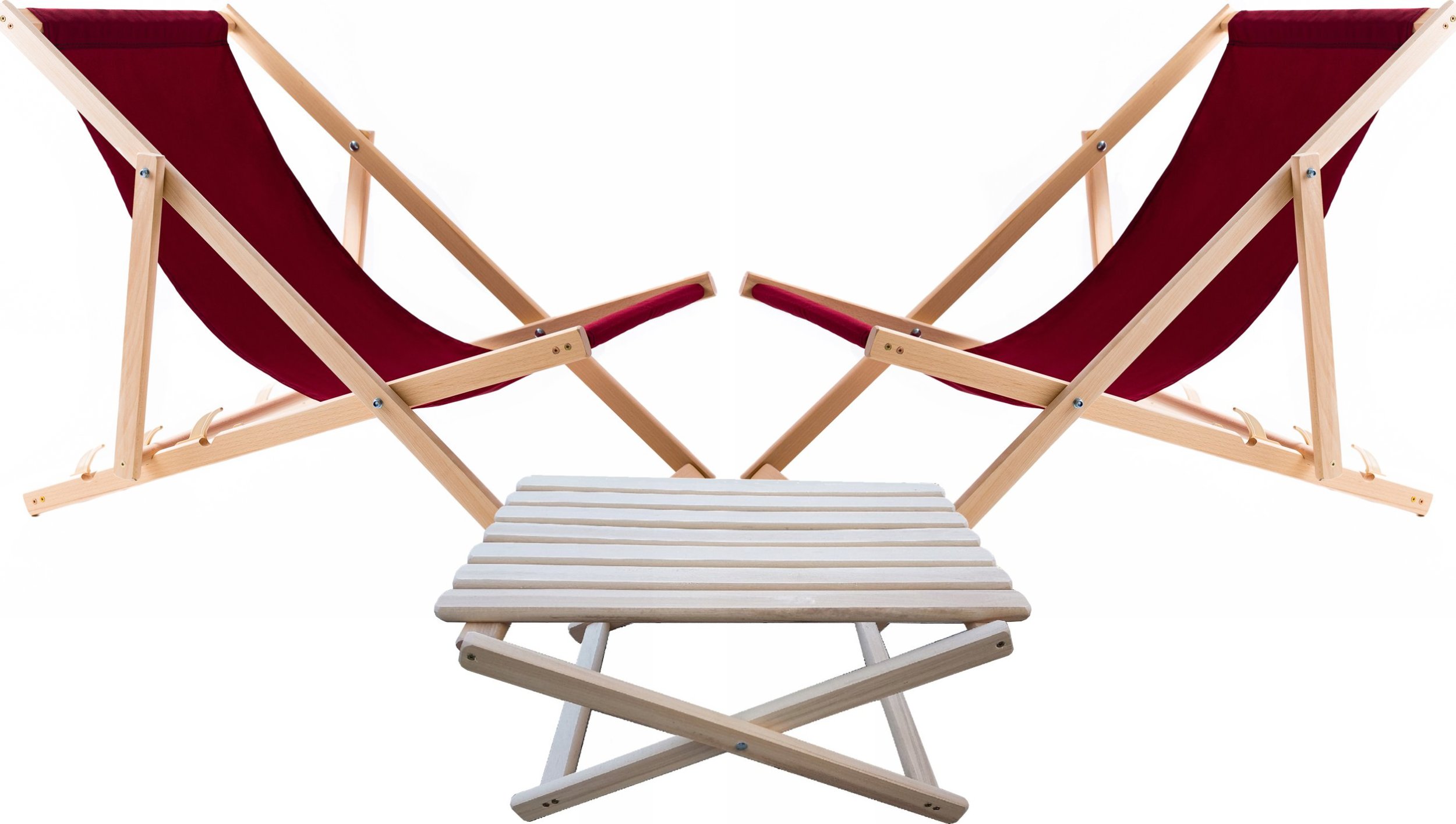 2X LEŻAK PLAŻOWY OGRODOWY DREWNIANY WOODOK bordowa tkanina + STOLIK KAWOWY SKŁADANY