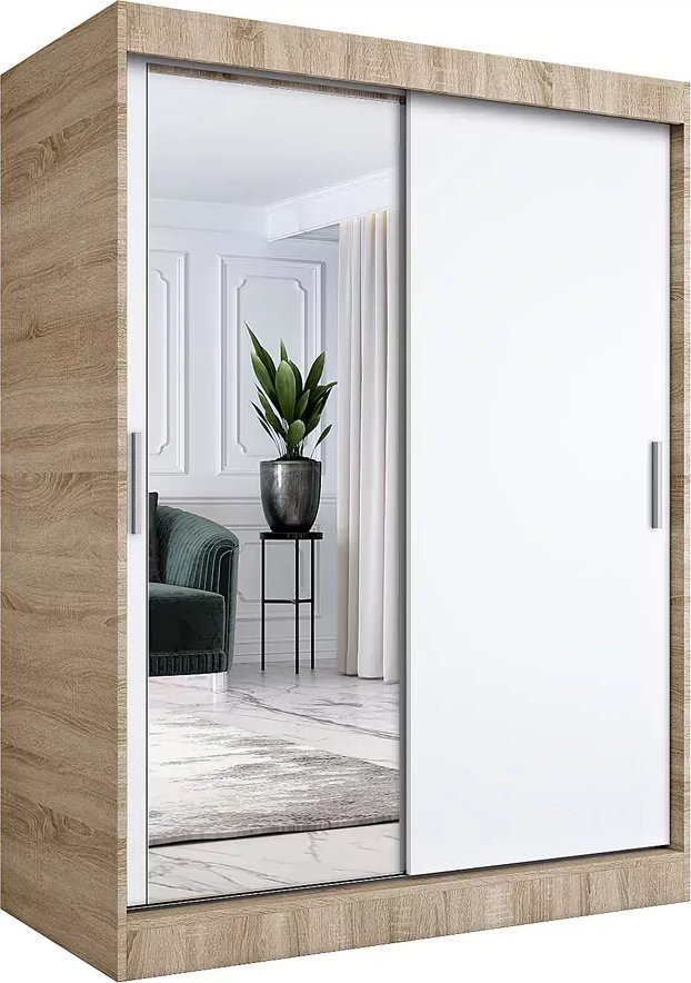 Elior Szafa przesuwna z lustrem 150 cm dąb sonoma + biały - Lenora 4X