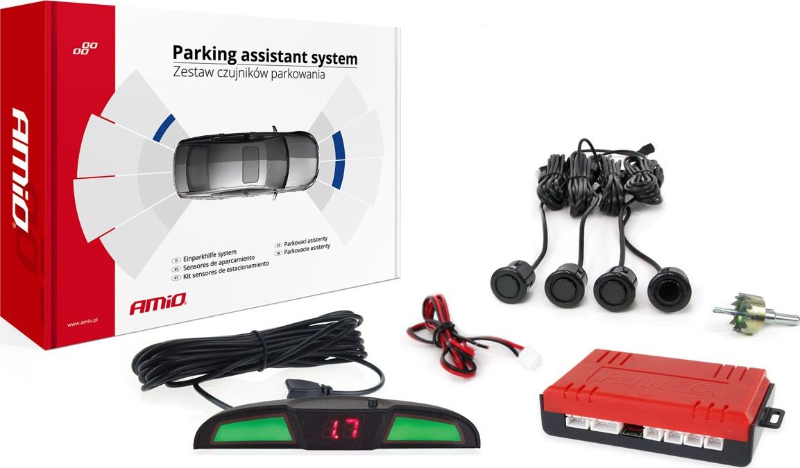 AMiO Zestaw czujników parkowania cofania led cob 4 sensory czarne "gold" 18mm