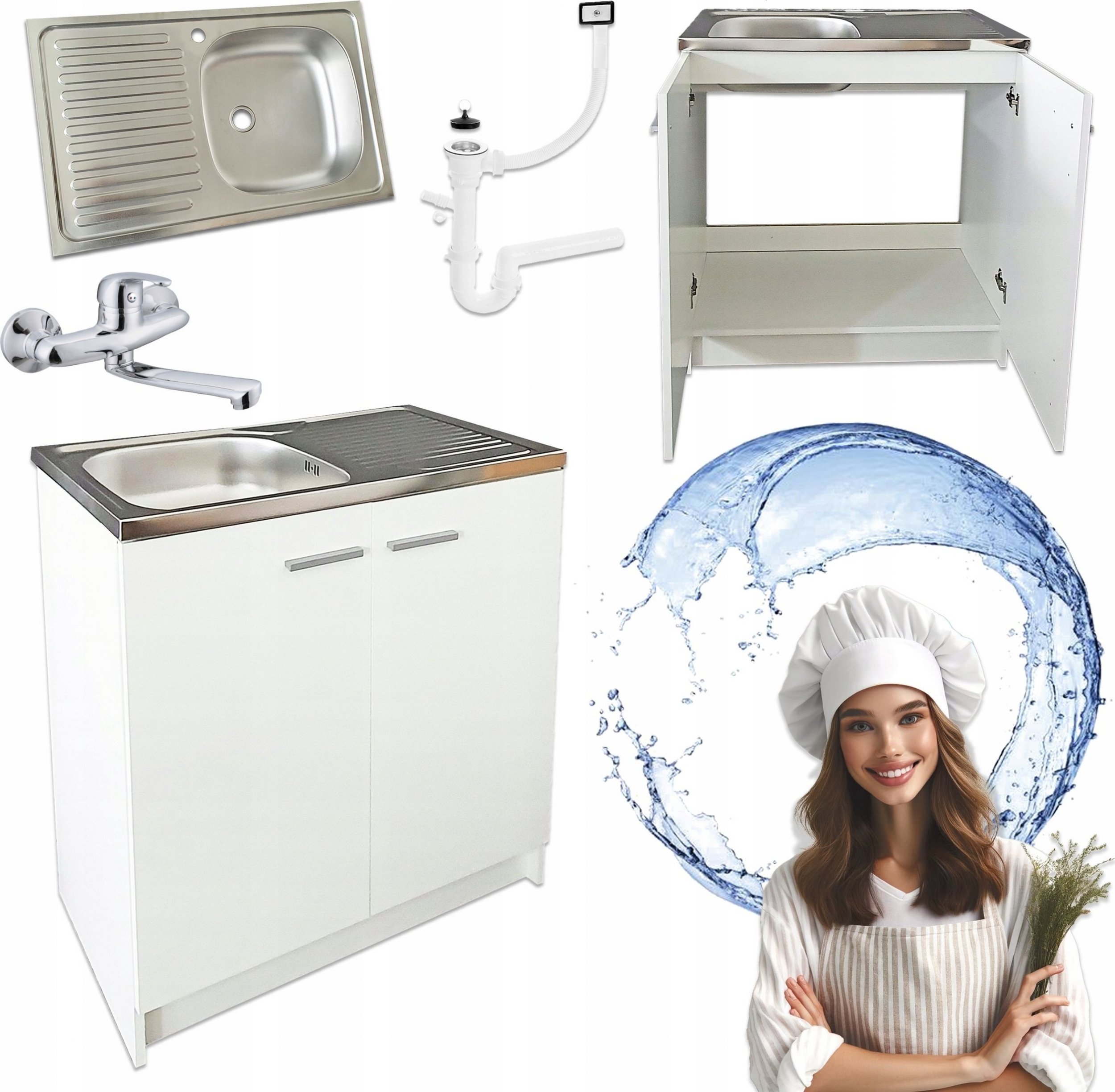 Stamar Biała Szafka Kuchenna Stojąca 80 cm + Zlew + Bateria Ścienna Chrom + Syfon