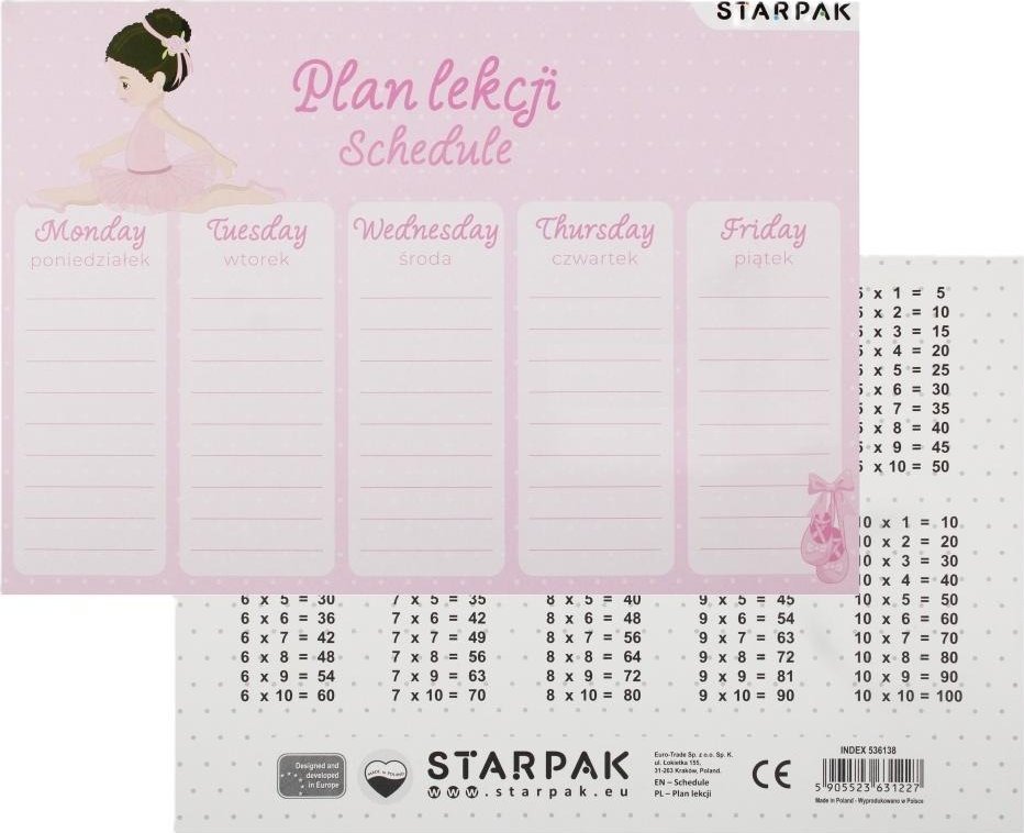 Plan lekcji z tabliczką mnożenia Balerina (25szt)