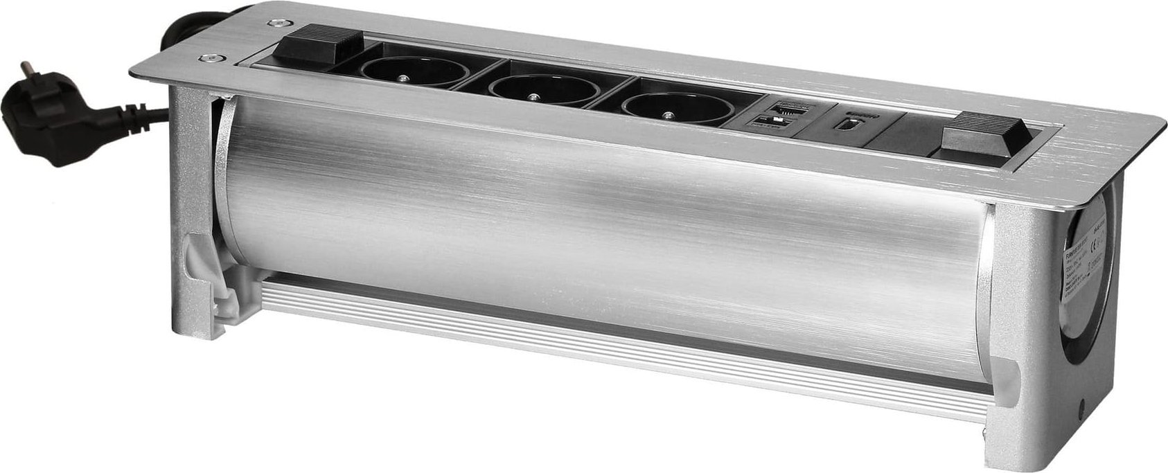 Orno Gniazdo meblowe wpuszczane w blat z płaskim frezowanym rantem oraz elektrycznym otwieraniem, 3x2P+Z,2xNET,1xHDMI