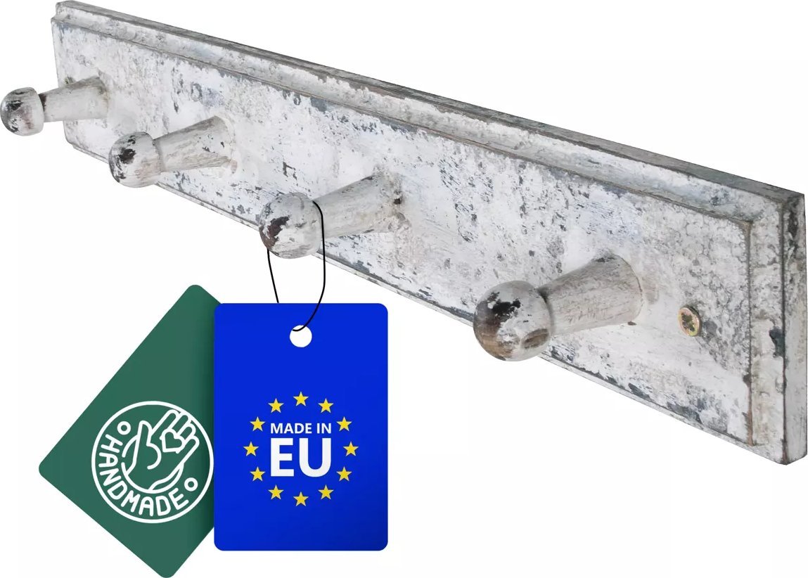 John Paddle Biały Wieszak John Paddle z 4 Haczykami z Litego Drewna Sosnowego w stylu antycznego loftu industrialnego Uniwersalny