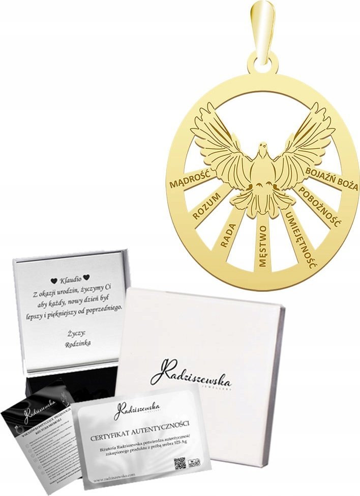 Radziszewska Jewellery Złota Zawieszka na Bierzmowanie Duch Święty Prezent Biżuteria GRAWER GRATIS