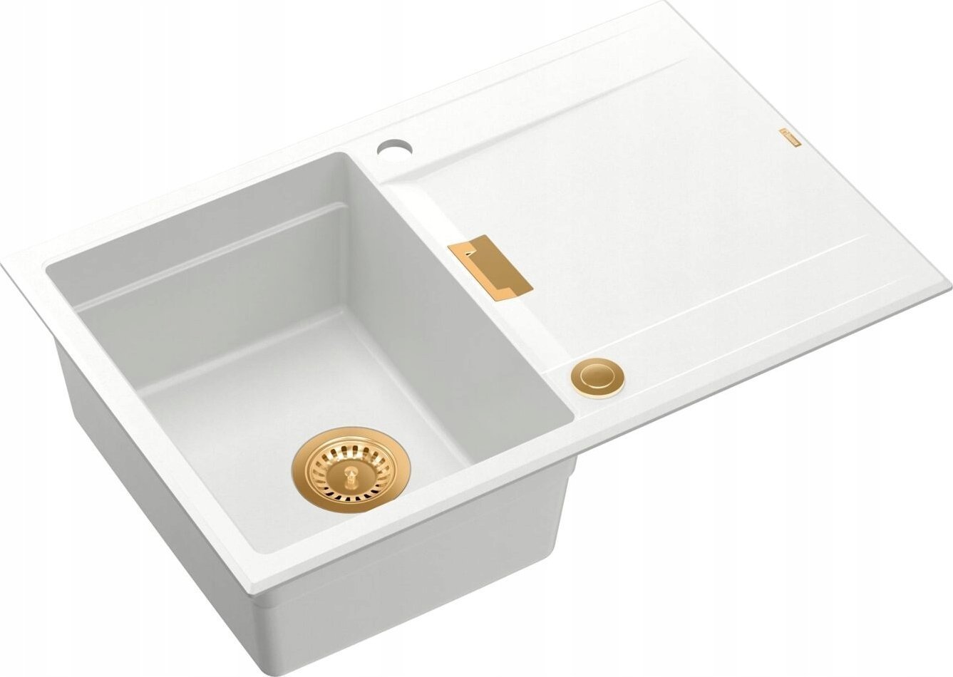 Zlewozmywak Owen OWEN 111 GraniteQ zlewozmywak z syfonem Push 2 Open 1-komorowy z/o (760x500x215; kom. 330x430) snow white / elementy miedziane