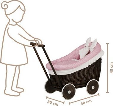 WickerPL LUNA WÓZEK WIKLINOWY DLA LALEK Z OBSZYCIEM różowym 50X30 H45 CM