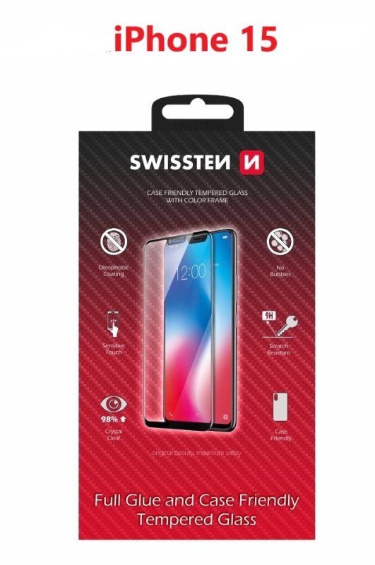 Swissten Szkło hartowane z czarnymi krawędziami (kompatybilne z ramką i etui) dla iPhone'a 15 Plus