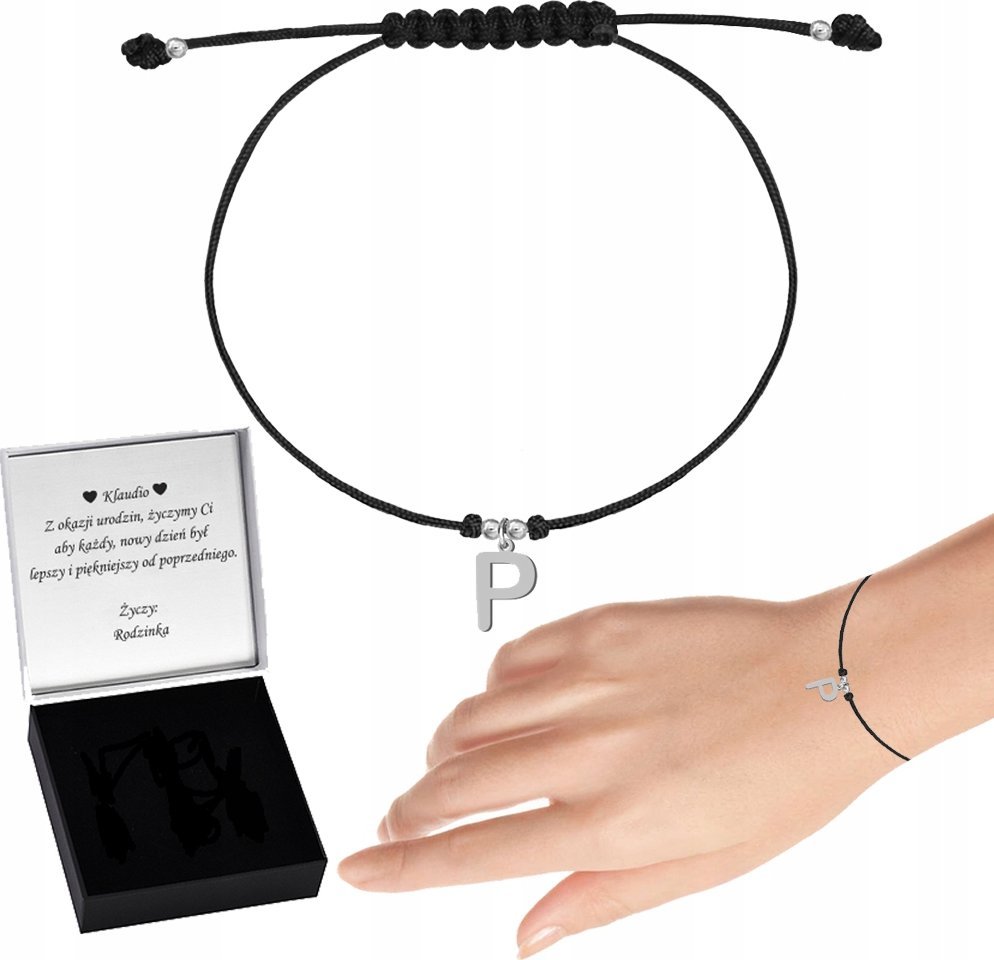 Radziszewska Jewellery Bransoletka Srebrna Litera Inicjały Sznurek Prezent 925 Biżuteria DEDYKACJA