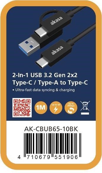 Kabel USB Akasa USB-A - 2x USB-C 1 m Czarny (AK-CBUB65-10BK)