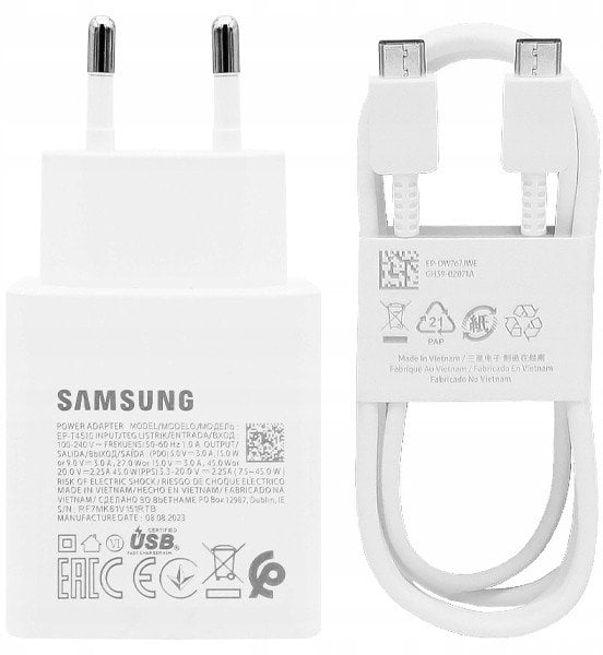 Ładowarka sieciowa Samsung EP-TA845EWE 45W z kablem USB-C Samsung EP-DW767JWE 45W 1,8m (OOB Bulk - opakowanie zastępcze) - biała