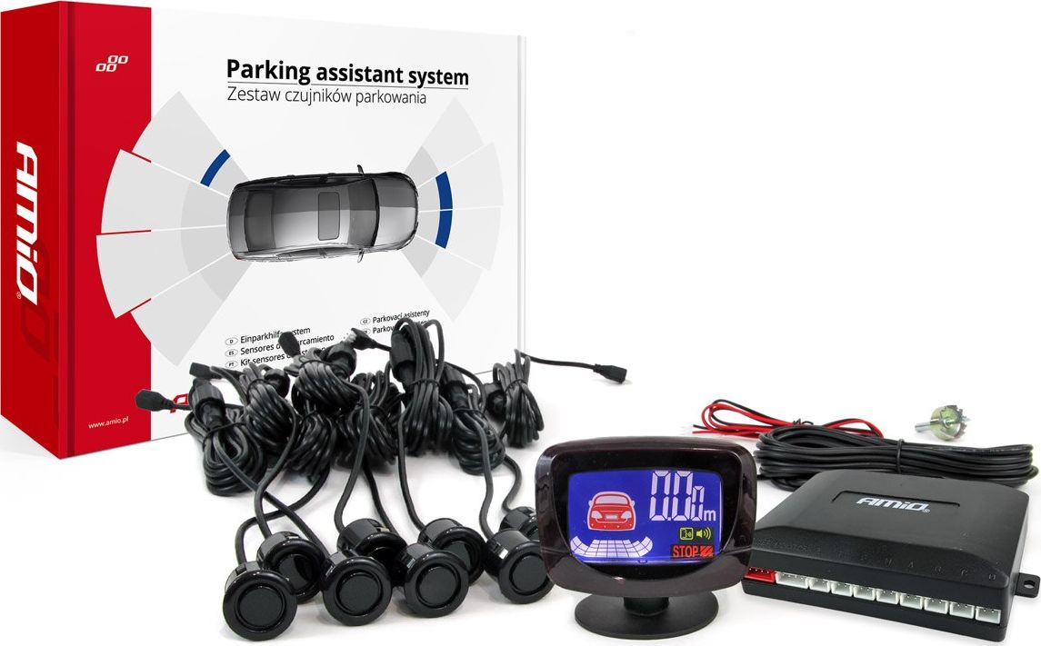 AMiO Zestaw czujników parkowania cofania led-graf 8 sensorów czarne gold 18mm