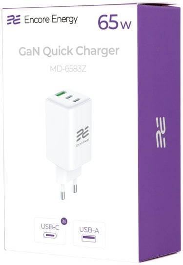 Ładowarka sieciowa GaN 65W USB-A + 2x USB-C QC PD Encore Energy MD-6583Z standard