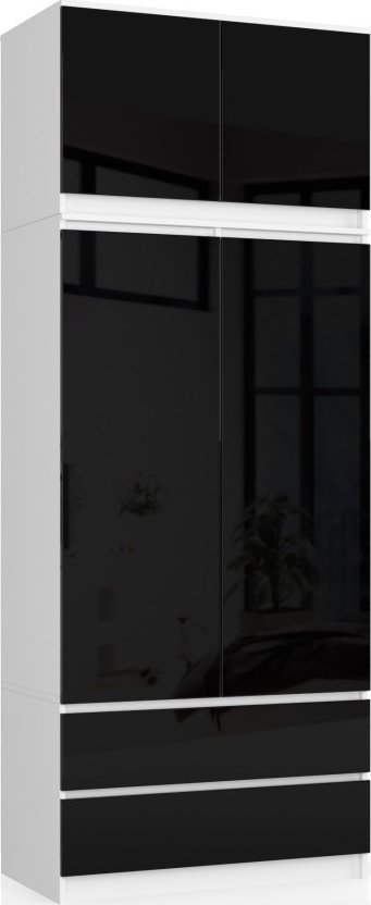 Fabryka Mebli Akord SZAFA Z NADSTAWKĄ S 90 cm 2 DRZWI 2 SZUFLADY BIAŁA / CZARNY POŁYSK