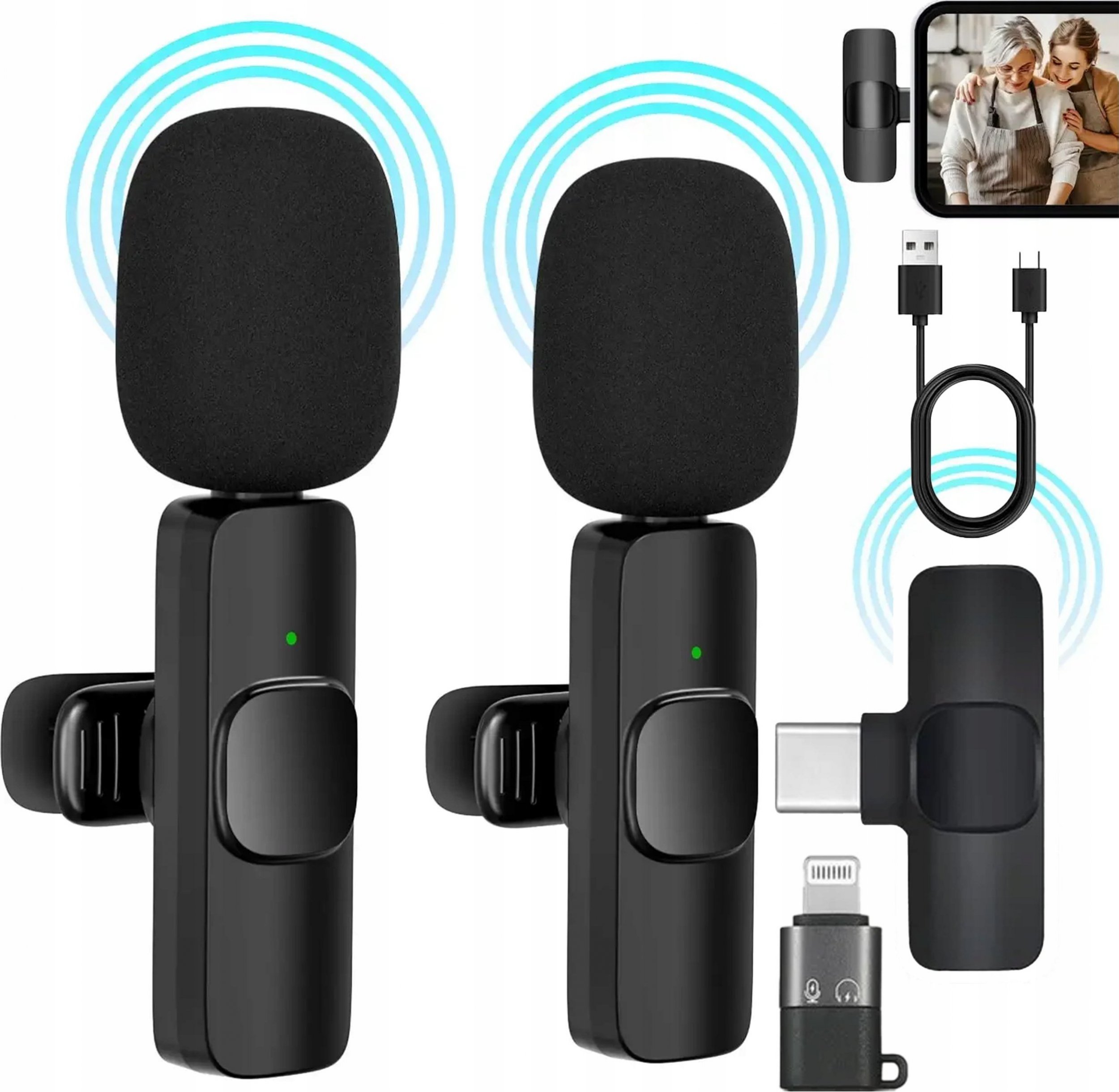 Mikrofon Slayo 2x Mikrofon Krawatowy Bezprzewodowy - Odbiornik USB-C - Adapter do iPhone