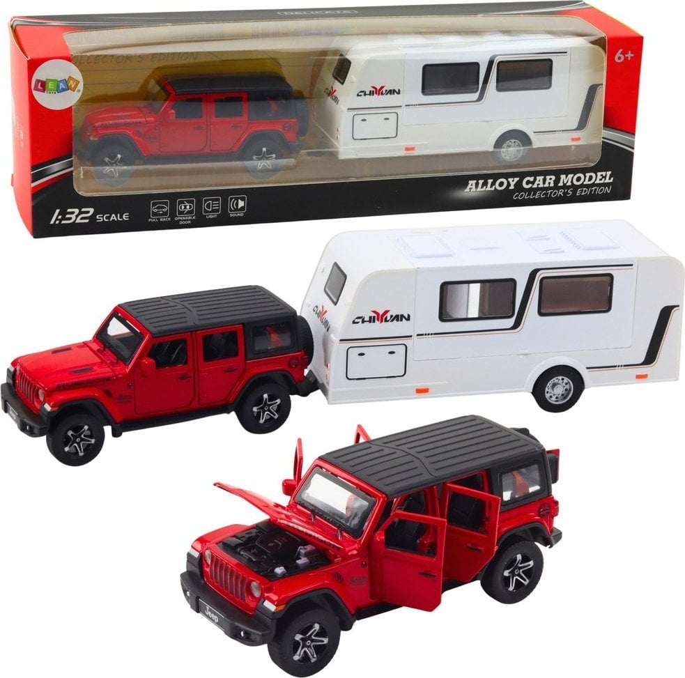 Zestaw Auto Terenowe Kamper Metalowe Napęd Światła Dźwięki Czerwony 1:32