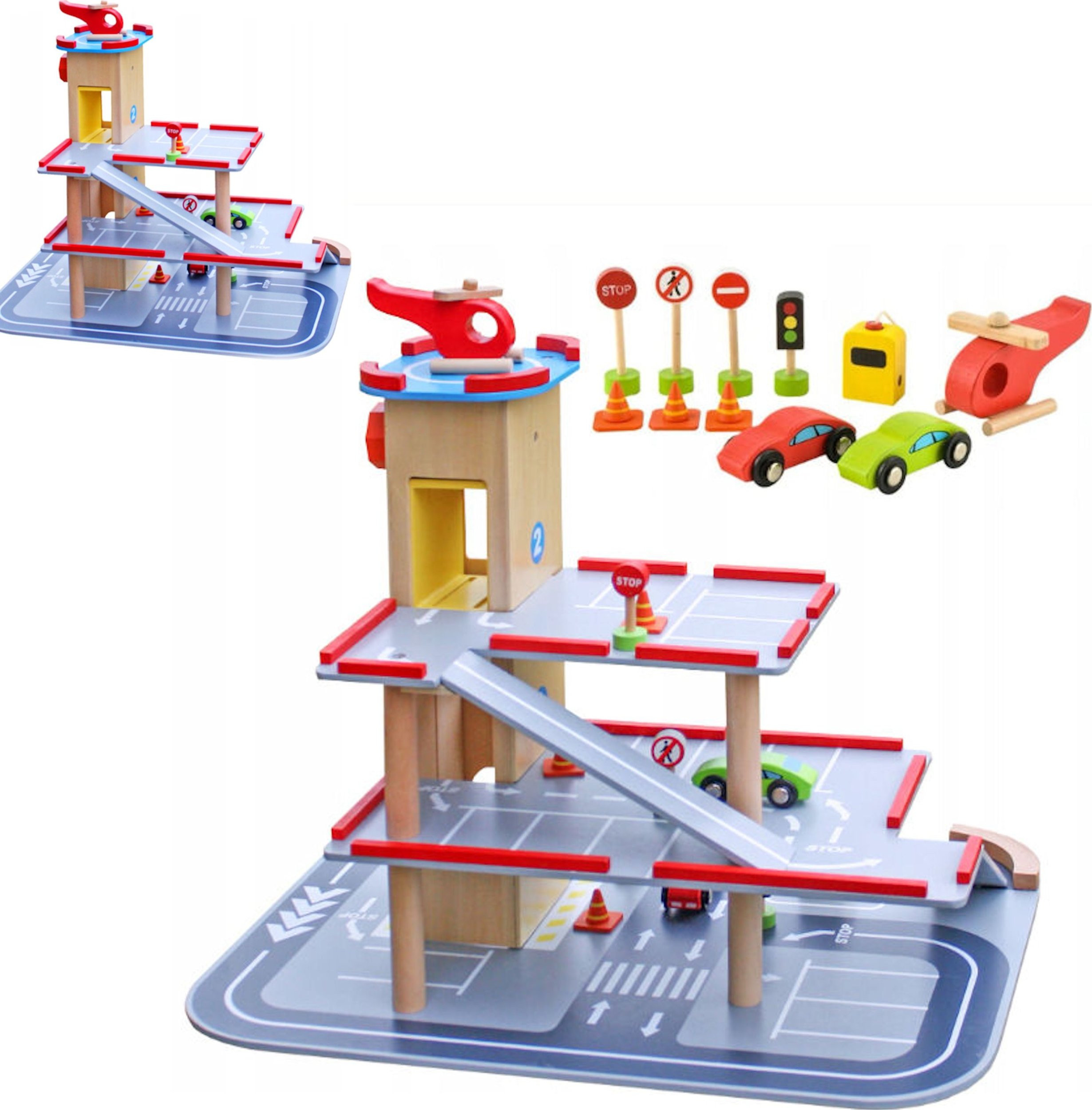 Coil Coil garaż parking samochodowy auta autka zestaw winda drewniany piętrowy helikopter z wyposażeniem