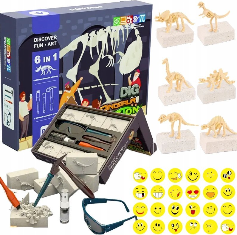 MAŁY ARCHEOLOG WYKOPALISKA DINOZAURY 6w1 ZESTAW PREZENT DLA DZIECI naklejki